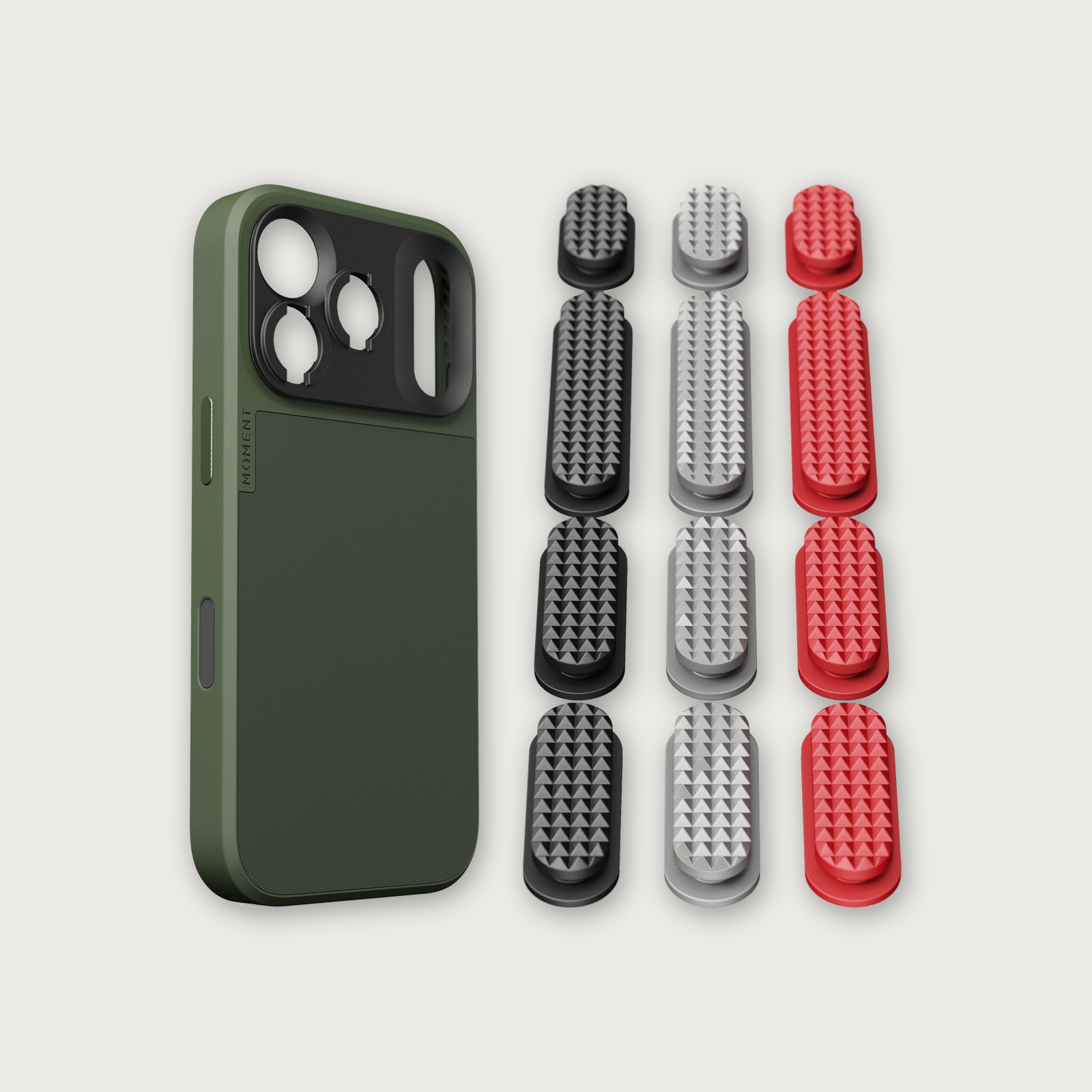iPhone 17 Case Button Bundle — iPhone 17 Pro Olive with Metal Grip Pack (Black/Silver/Red)