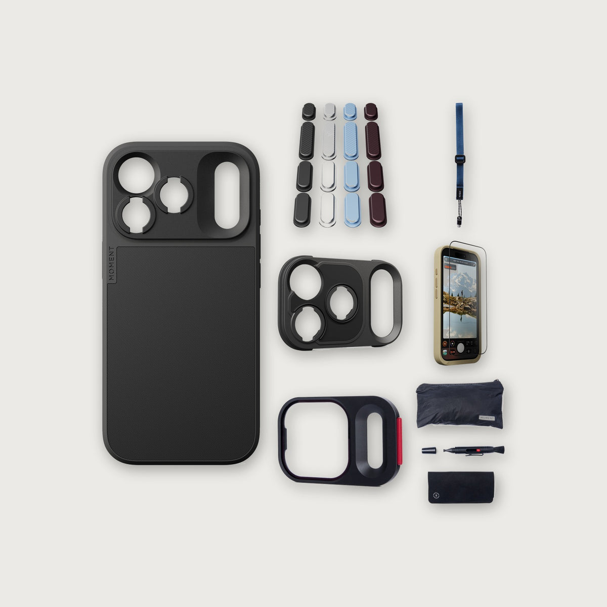 iPhone 18 Pro Case Essentials — Black case, Apple 2026 Pack, Indigo wrist strap (Drop-in 310-384, AR glass 310-328, CineClear UV 310-404, Cleaning kit 150-102)