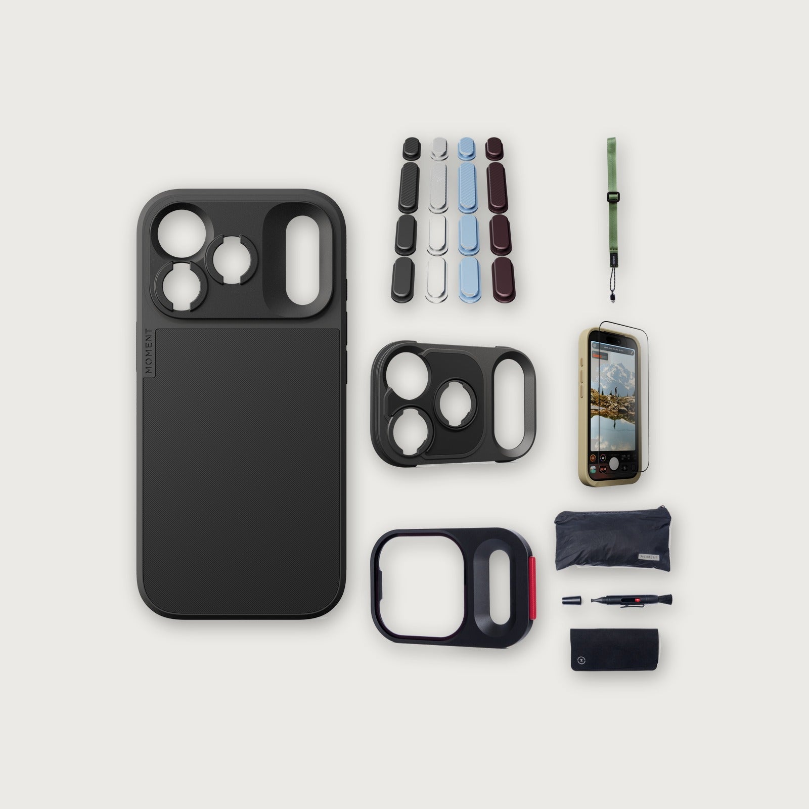 iPhone 18 Pro Case Essentials — Black case, Apple 2026 Pack, Olive wrist strap (Drop-in 310-384, AR glass 310-328, CineClear UV 310-404, Cleaning kit 150-102)