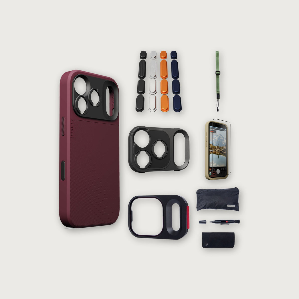 iPhone 18 Pro Case Essentials — Burgundy case, Apple 2025 Pack, Olive wrist strap (Drop-in 310-384, AR glass 310-328, CineClear UV 310-404, Cleaning kit 150-102)