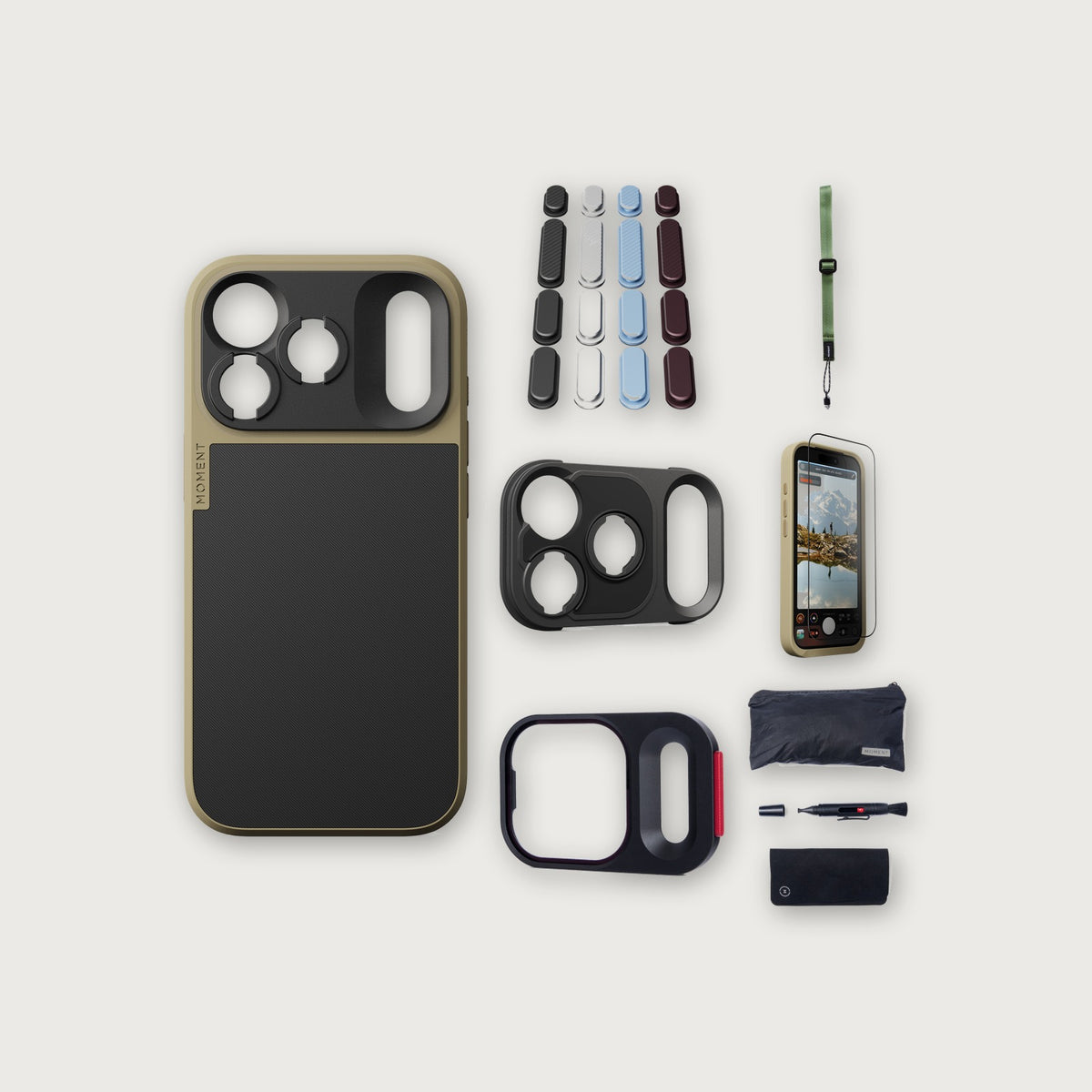 iPhone 18 Pro Case Essentials — Desert case, Apple 2026 Pack, Olive wrist strap (Drop-in 310-384, AR glass 310-328, CineClear UV 310-404, Cleaning kit 150-102)