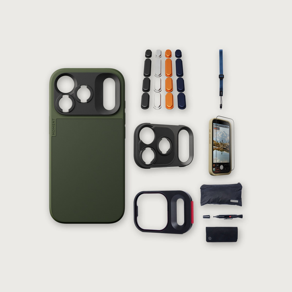 iPhone 18 Pro Case Essentials — Olive case, Apple 2025 Pack, Indigo wrist strap (Drop-in 310-384, AR glass 310-328, CineClear UV 310-404, Cleaning kit 150-102)