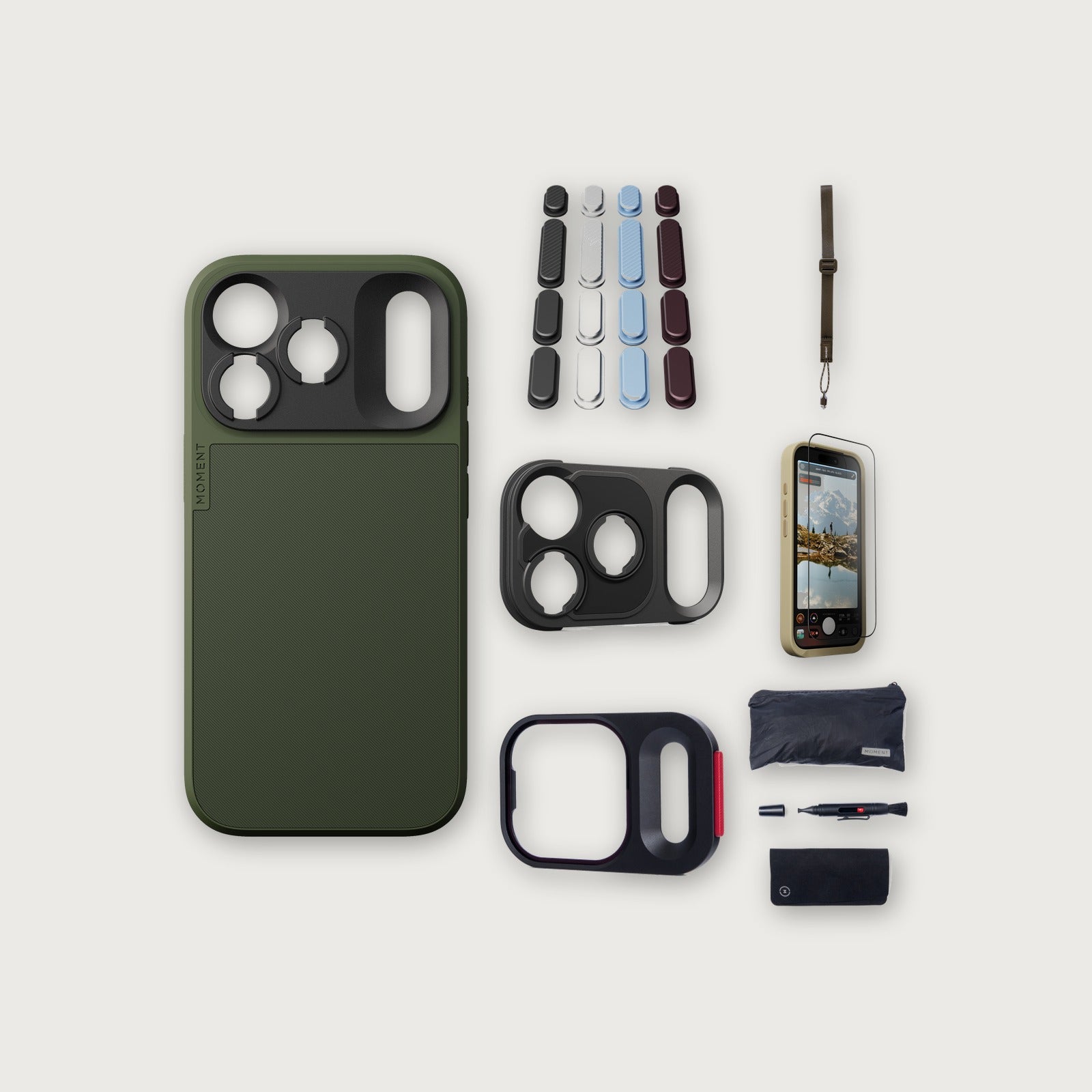 iPhone 18 Pro Case Essentials — Olive case, Apple 2026 Pack, Desert wrist strap (Drop-in 310-384, AR glass 310-328, CineClear UV 310-404, Cleaning kit 150-102)