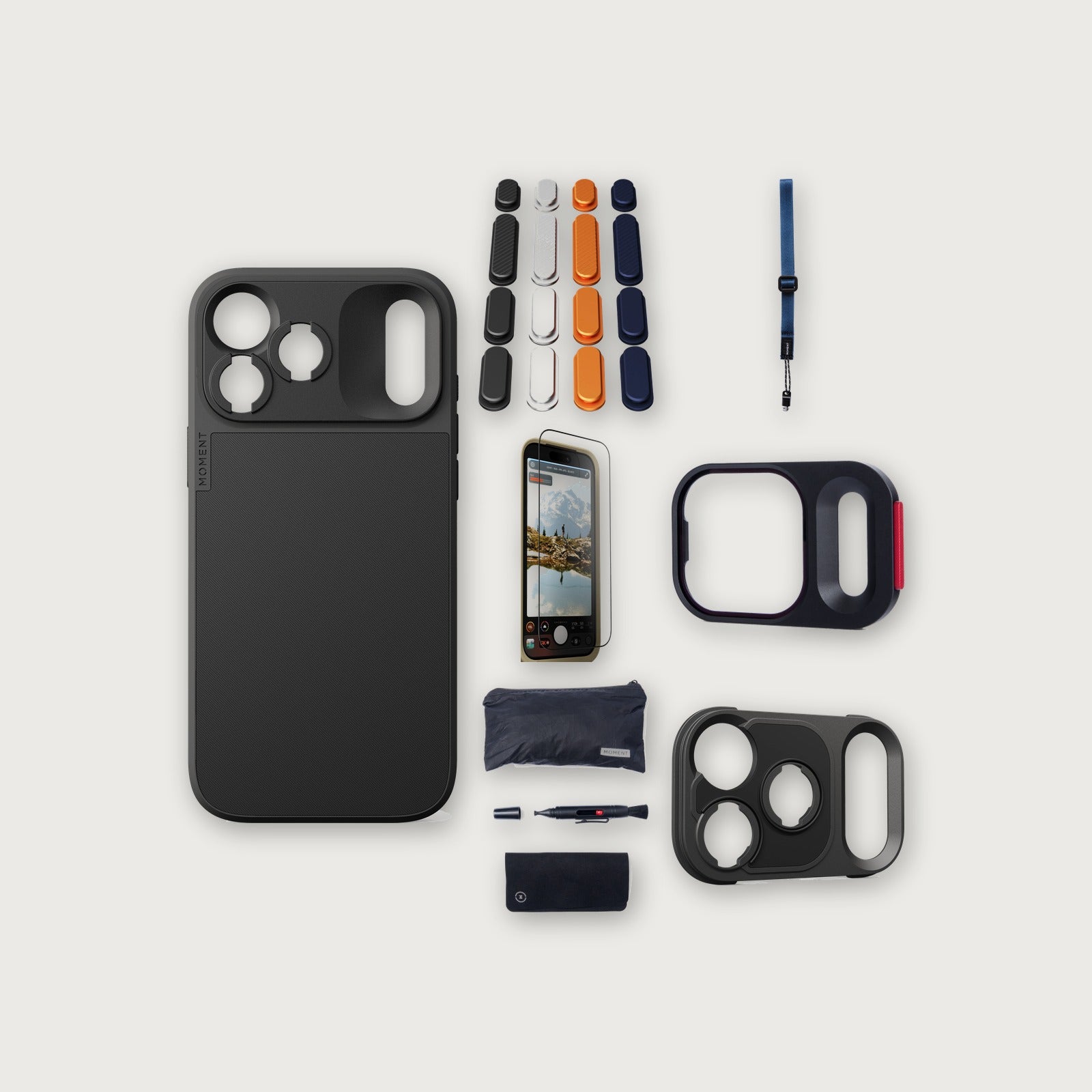iPhone 18 Pro Max Case Essentials — Black case, A2025 buttons, Indigo strap