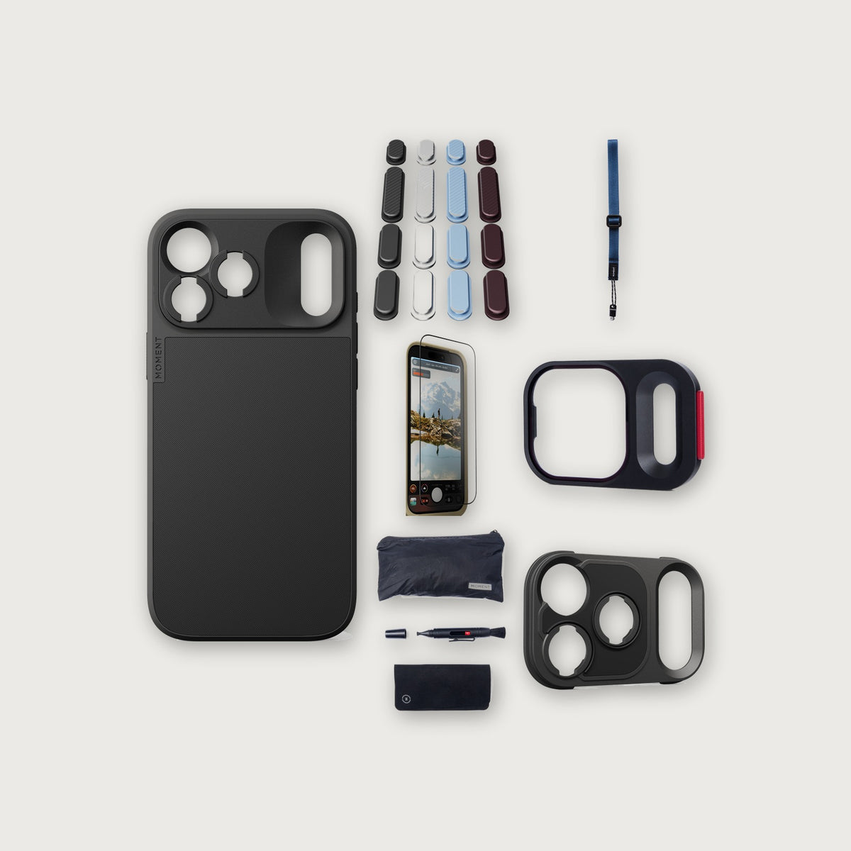 iPhone 18 Pro Max Case Essentials — Black case, A2026 buttons, Indigo strap