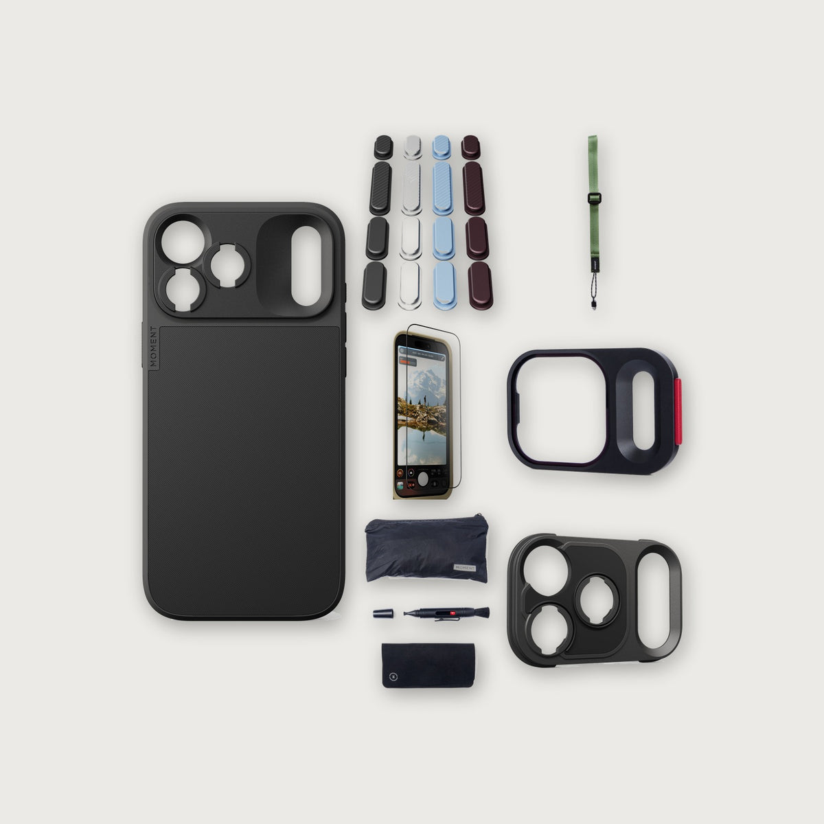iPhone 18 Pro Max Case Essentials — Black case, A2026 buttons, Olive strap