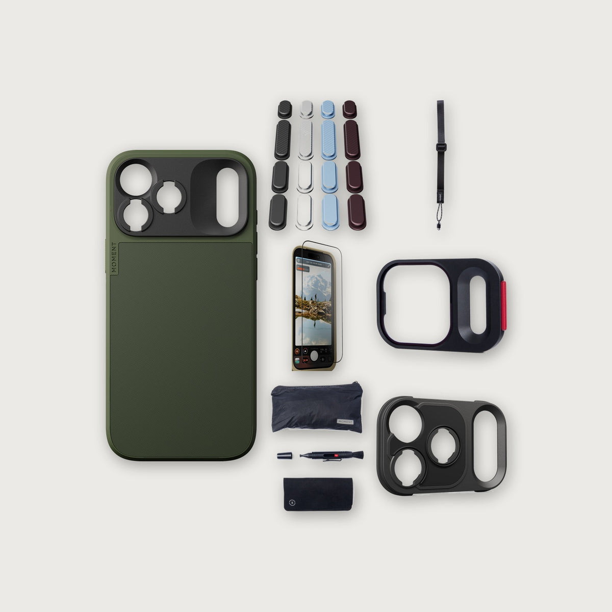 iPhone 18 Pro Max Case Essentials — Olive case, A2026 buttons, Black strap