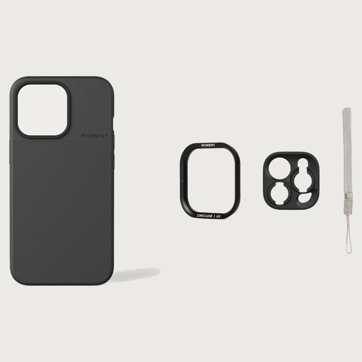 iPhone 13 Pro Case Essentials — Black case — Gray nylon strap