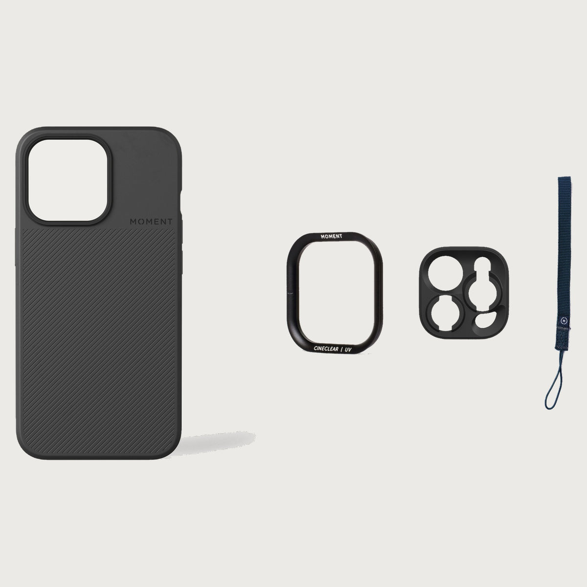 iPhone 13 Pro Case Essentials — Black case — Navy nylon strap