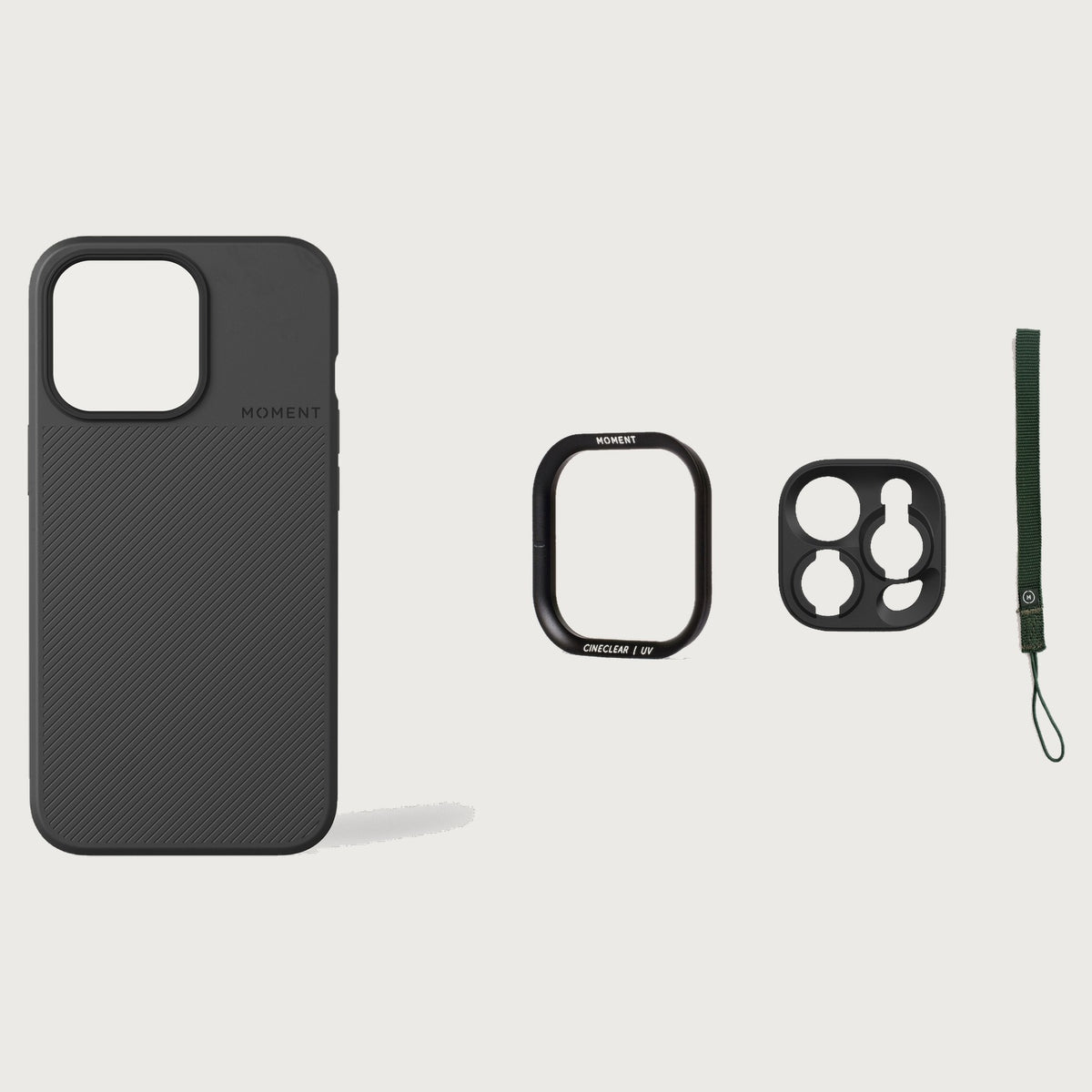 iPhone 13 Pro Case Essentials — Black case — Olive nylon strap
