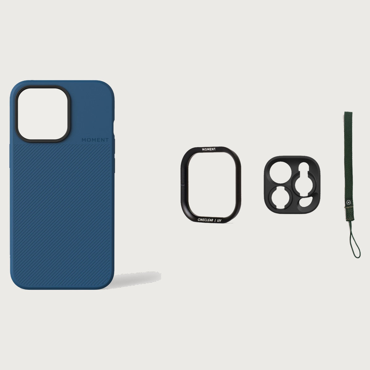 iPhone 13 Pro Case Essentials — Indigo case — Olive nylon strap