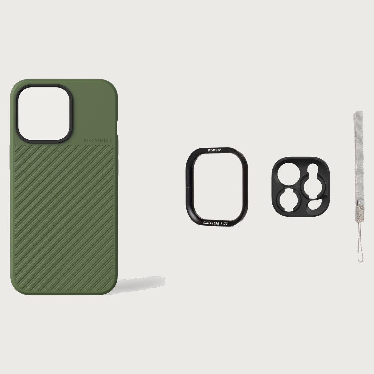 iPhone 13 Pro Case Essentials — Olive case — Gray nylon strap