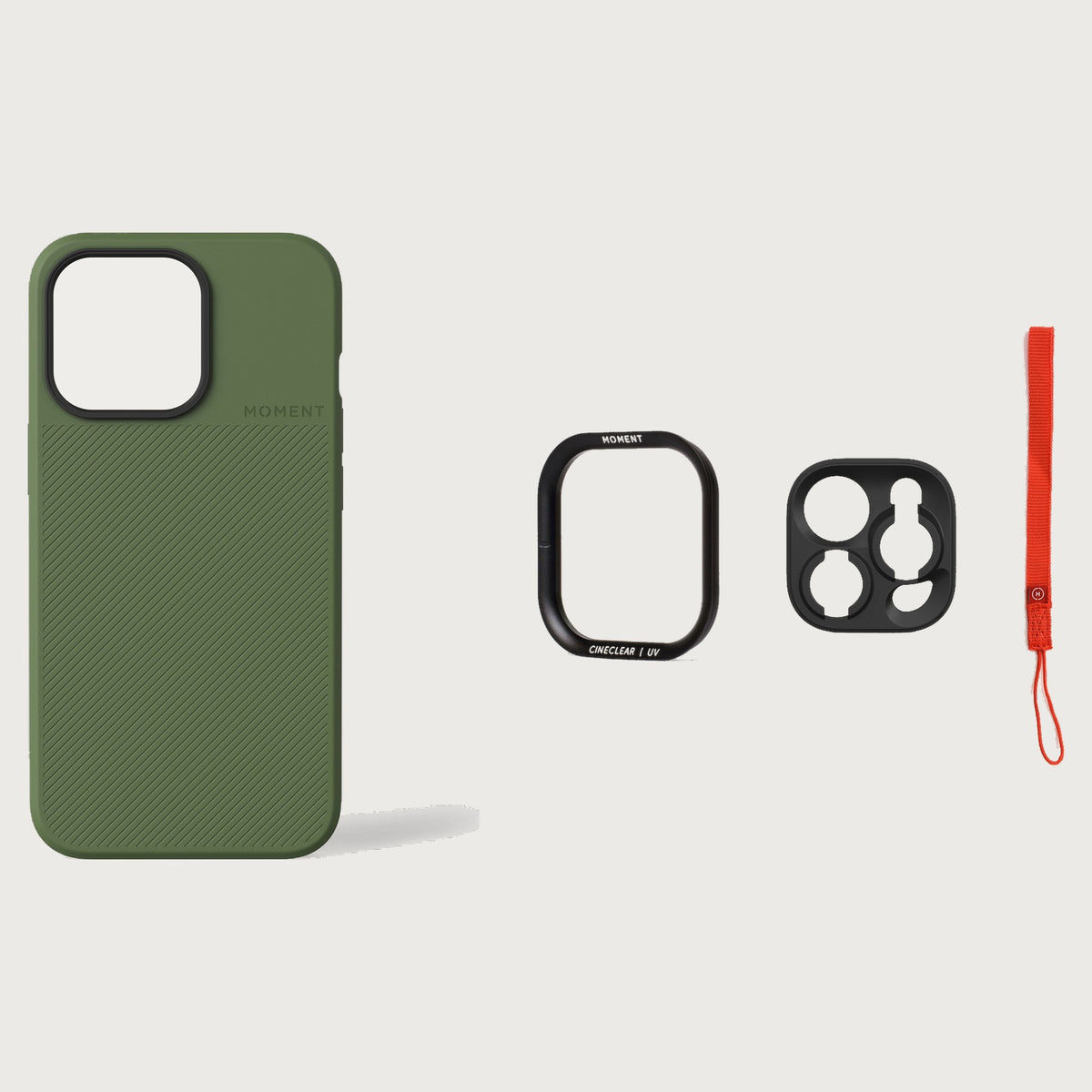 iPhone 13 Pro Case Essentials — Olive case — Red nylon strap