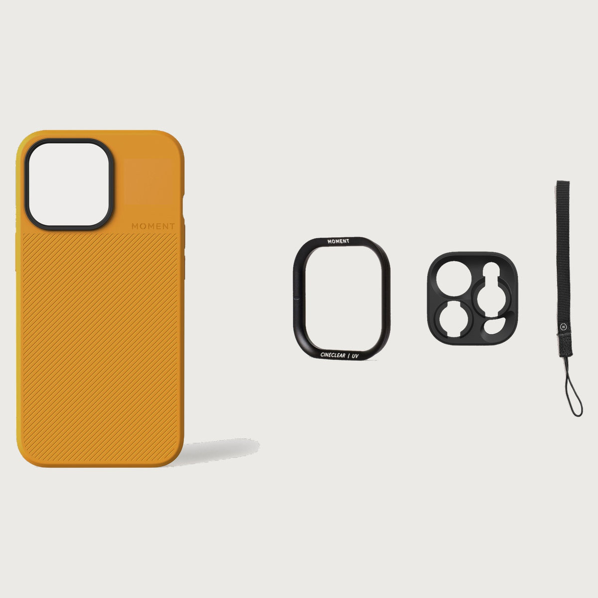 iPhone 13 Pro Case Essentials — Yellow case — Black nylon strap