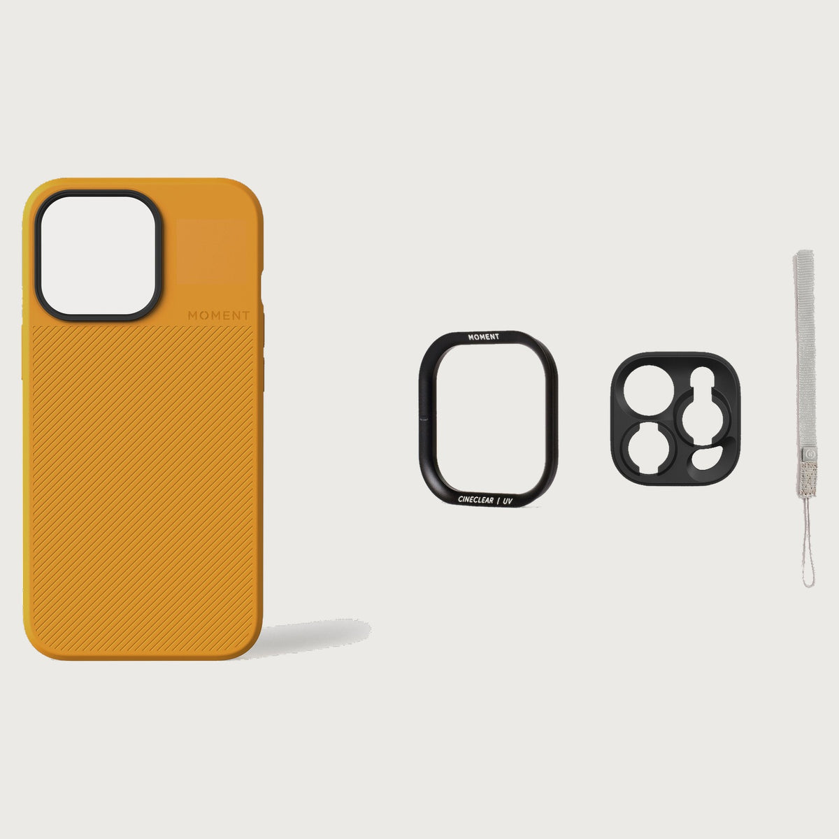 iPhone 13 Pro Case Essentials — Yellow case — Gray nylon strap