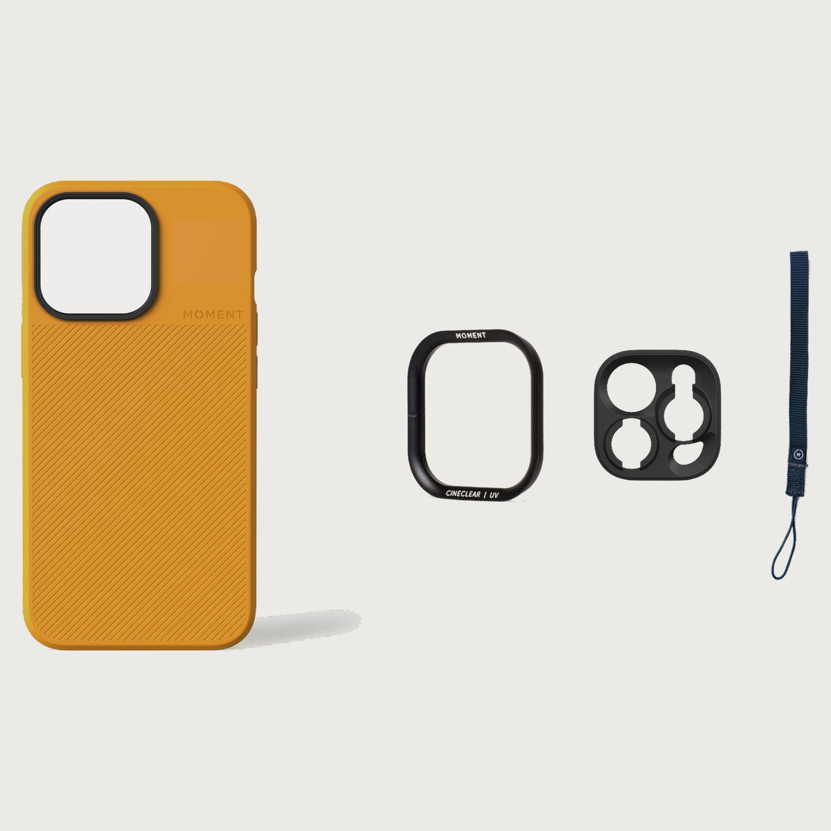 iPhone 13 Pro Case Essentials — Yellow case — Navy nylon strap
