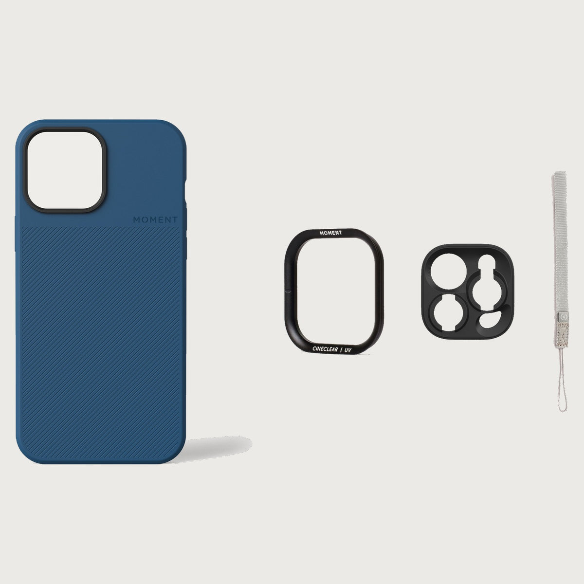 iPhone 13 Pro Max Case Essentials — Indigo case — Gray nylon strap