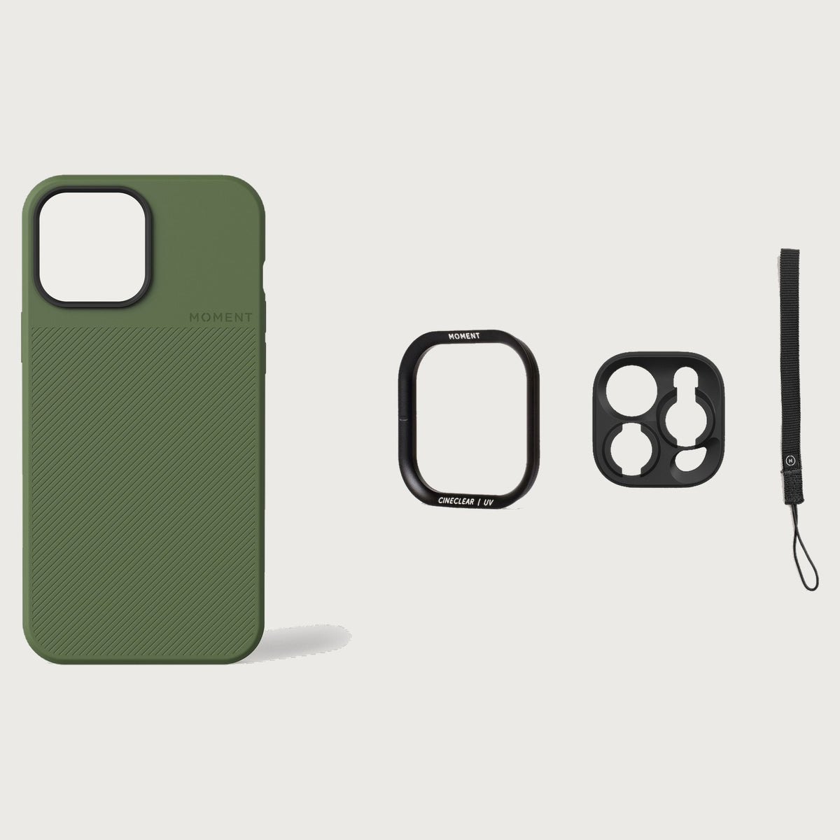 iPhone 13 Pro Max Case Essentials — Olive case — Black / Dark Brown nylon strap