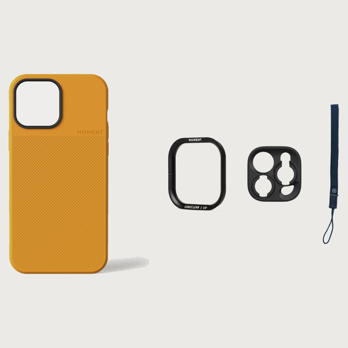 iPhone 13 Pro Max Case Essentials — Yellow case — Navy nylon strap