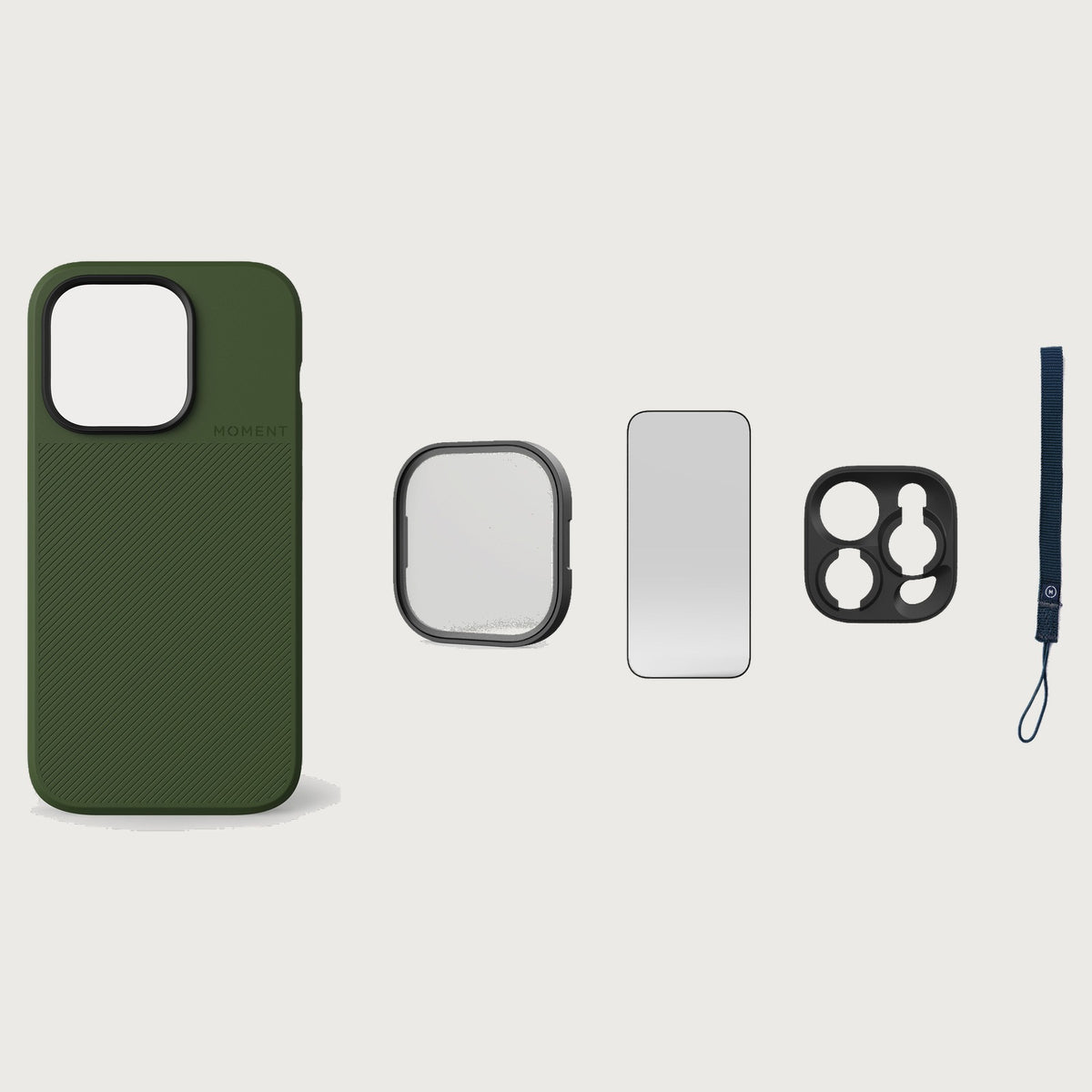 iPhone 14 Pro Case Essentials — Olive case — Navy nylon strap