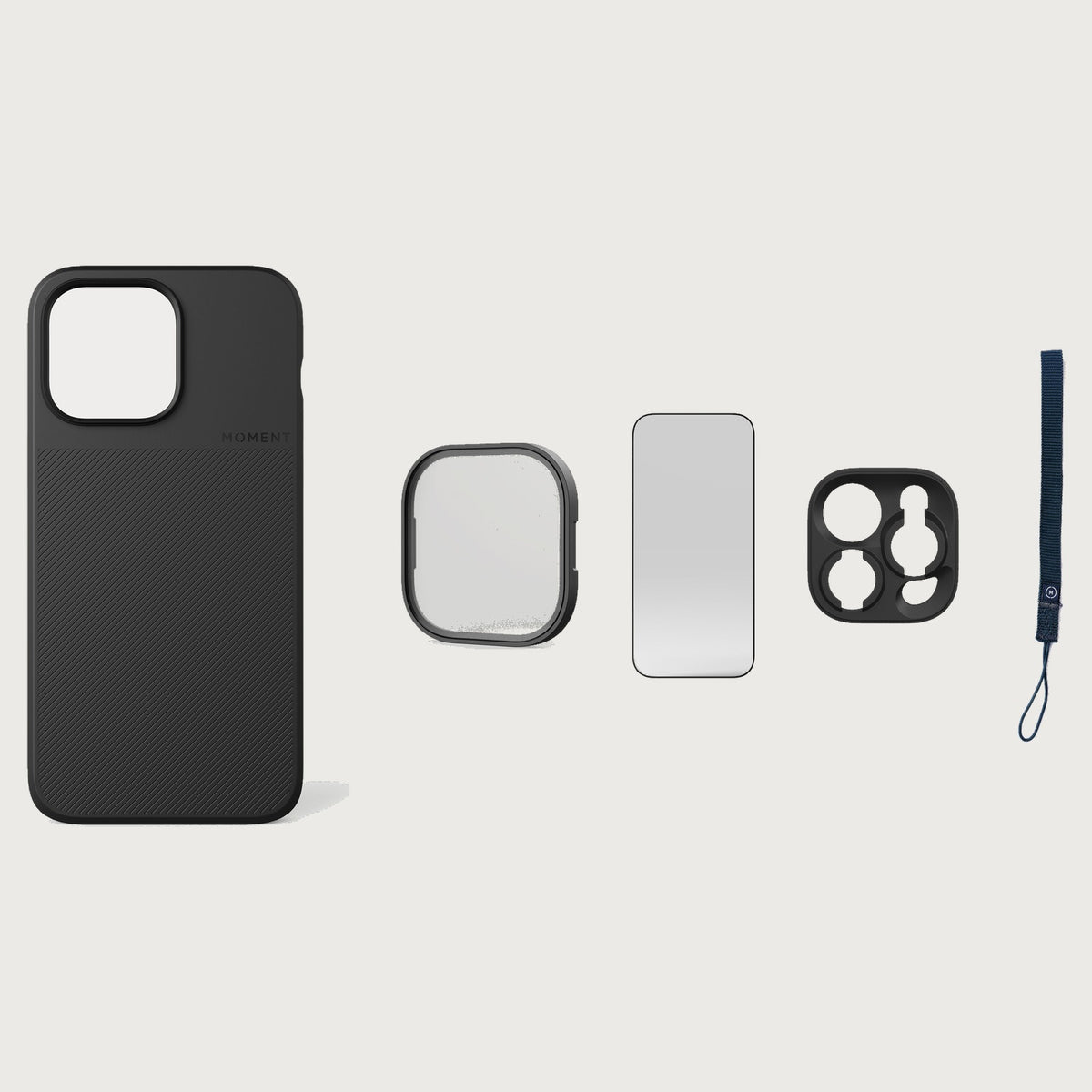 iPhone 14 Pro Max Case Essentials — Black case — Navy nylon strap