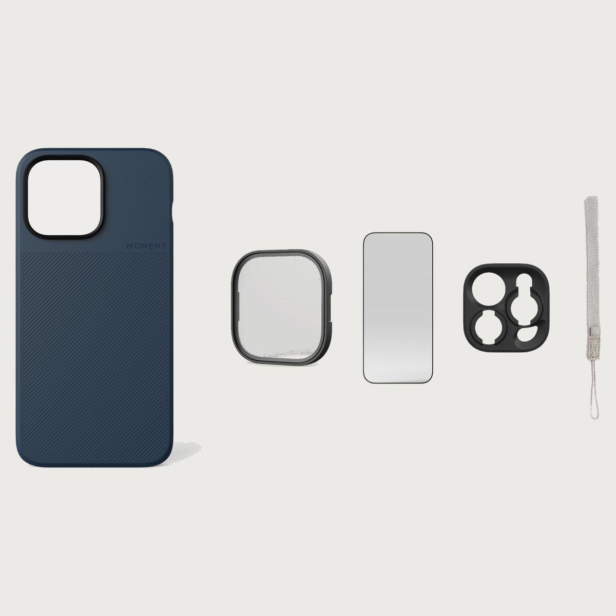 iPhone 14 Pro Max Case Essentials — Indigo case — Gray nylon strap