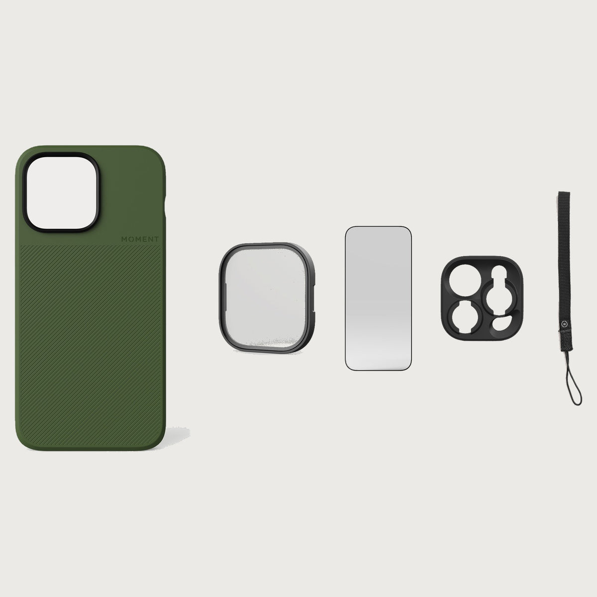 iPhone 14 Pro Max Case Essentials — Olive case — Black nylon strap