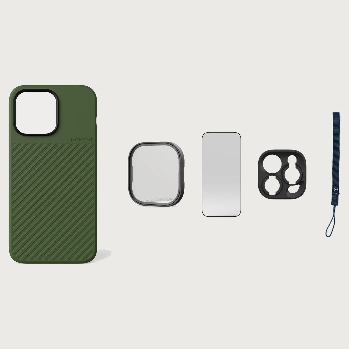 iPhone 14 Pro Max Case Essentials — Olive case — Navy nylon strap
