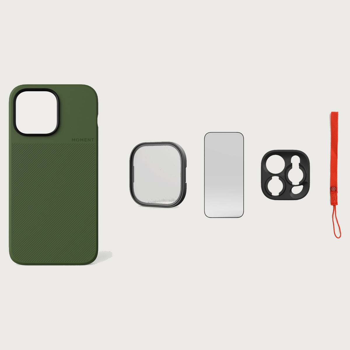 iPhone 14 Pro Max Case Essentials — Olive case — Red nylon strap