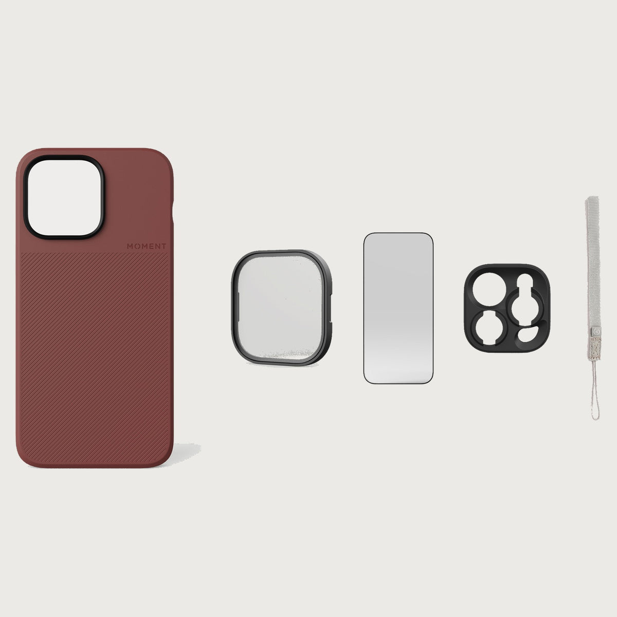 iPhone 14 Pro Max Case Essentials — Red Clay case — Gray nylon strap
