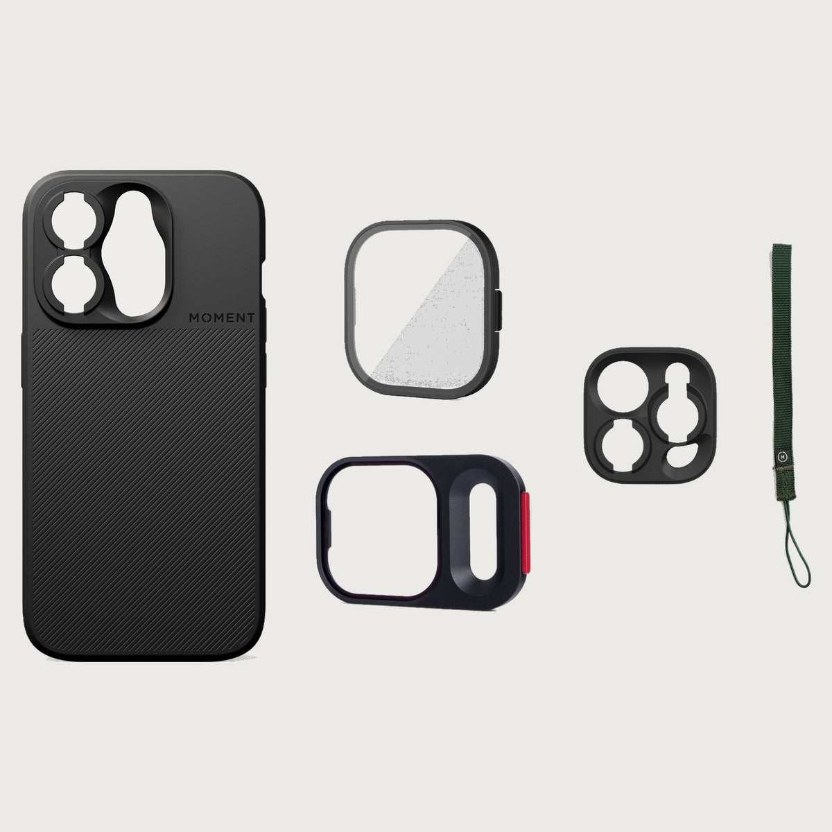 iPhone 15 Pro Case Essentials — Black case — Olive nylon strap