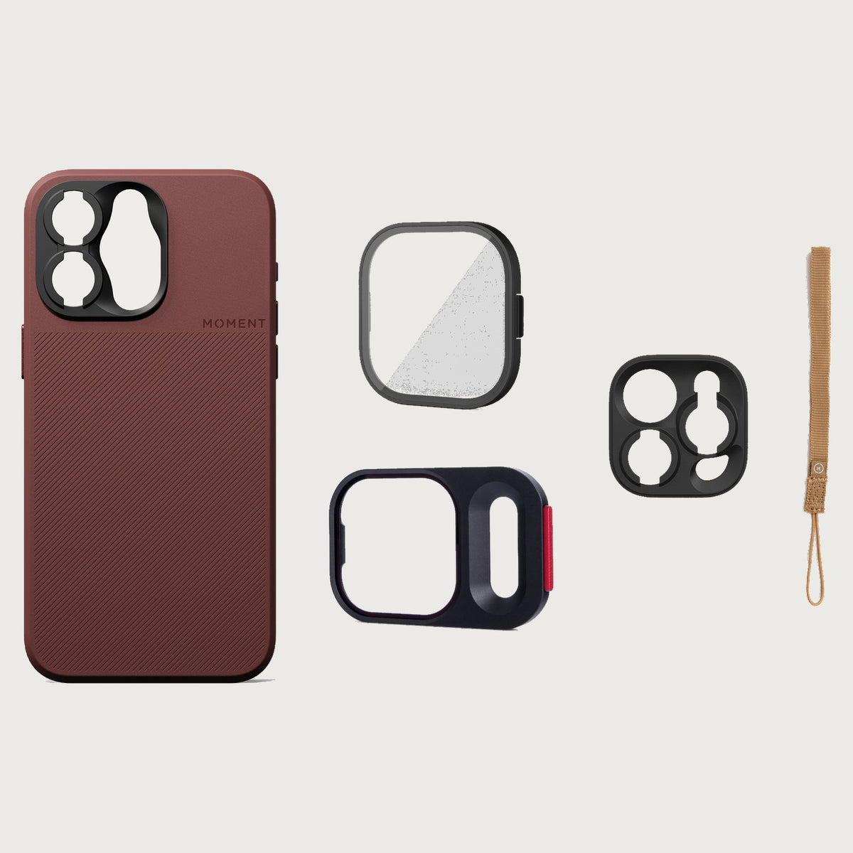 iPhone 15 Pro Case Essentials — Red Clay case — Desert nylon strap
