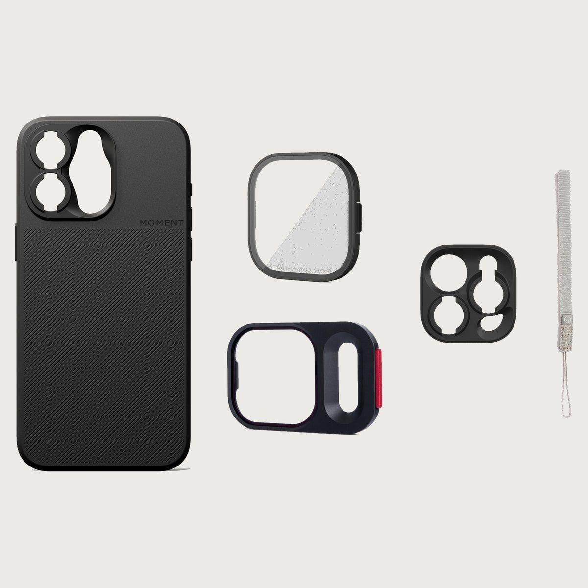 iPhone 15 Pro Max Case Essentials — Black case — Gray nylon strap