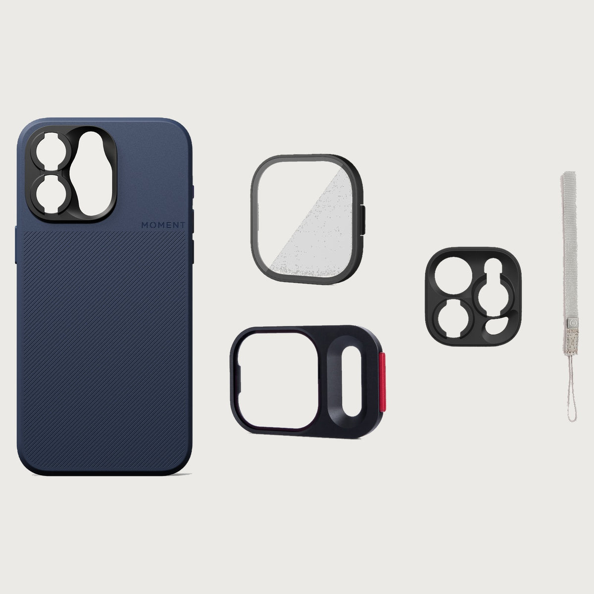 iPhone 15 Pro Max Case Essentials — Indigo case — Gray nylon strap