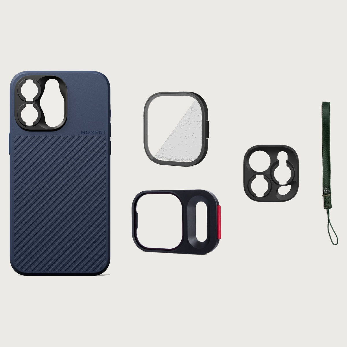 iPhone 15 Pro Max Case Essentials — Indigo case — Olive nylon strap