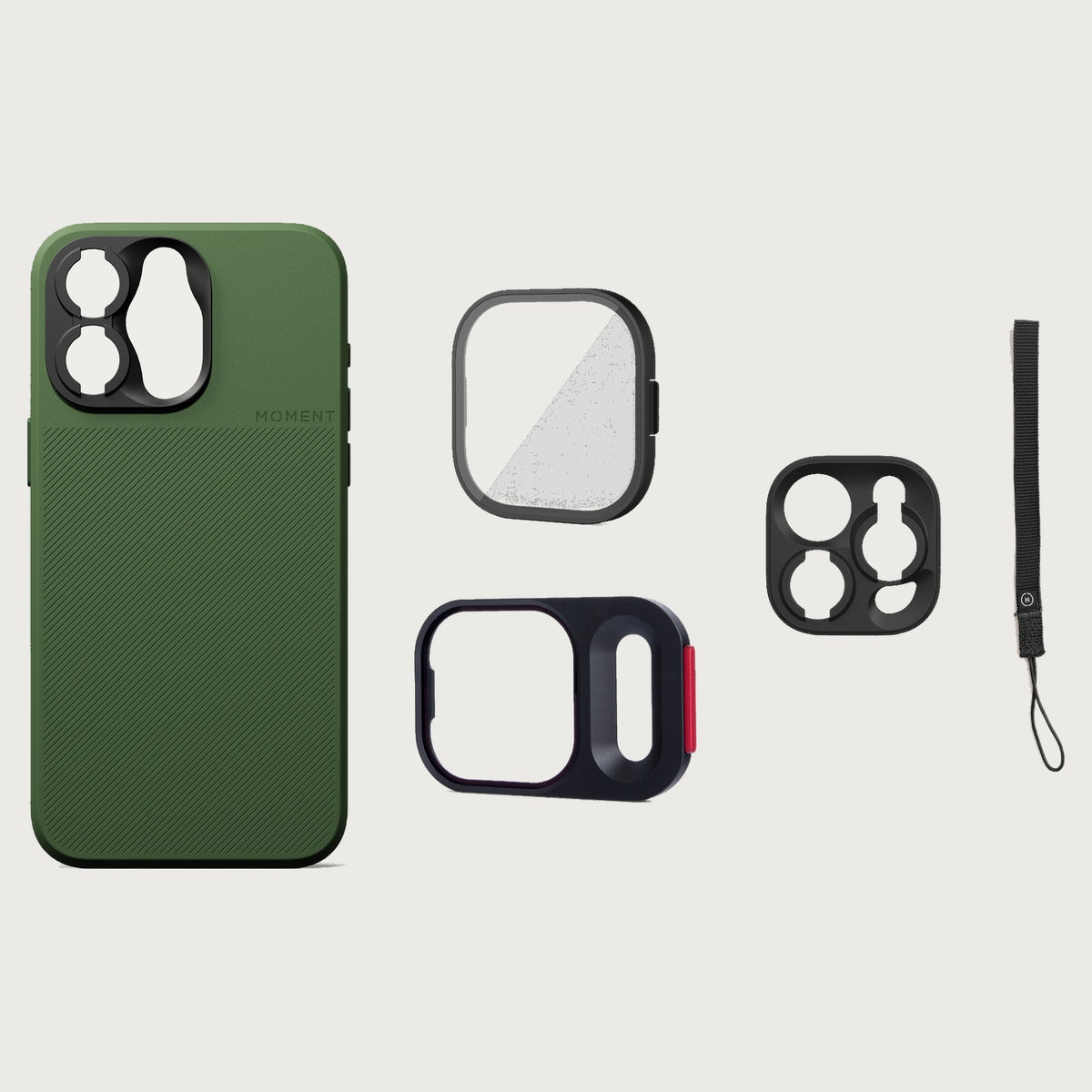 iPhone 15 Pro Max Case Essentials — Olive Green case — Black nylon strap