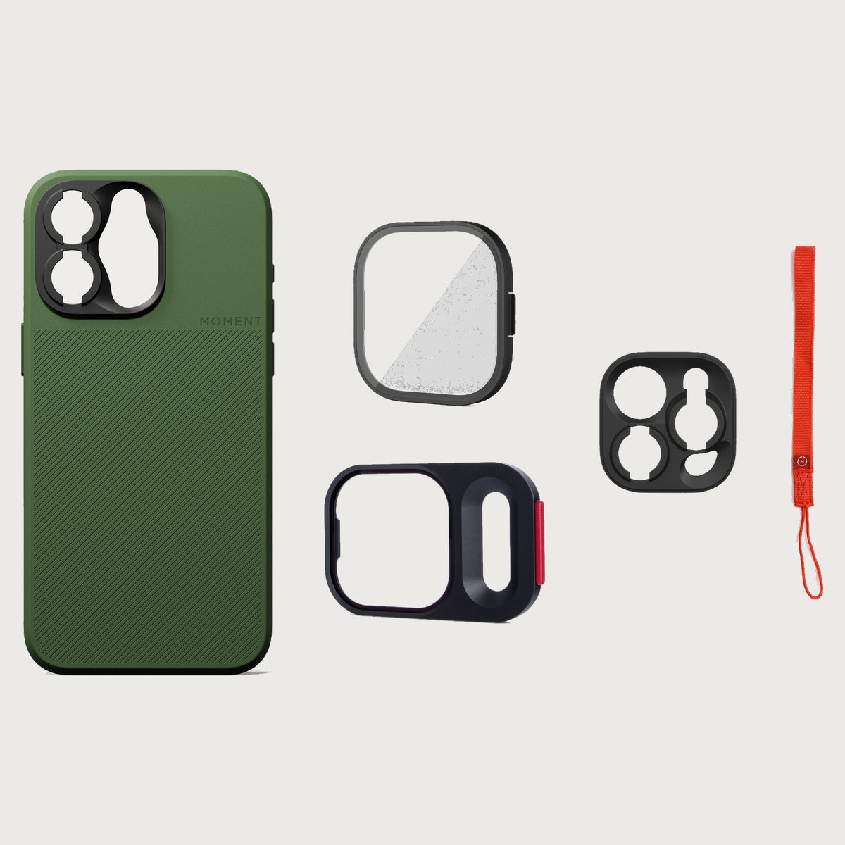 iPhone 15 Pro Max Case Essentials — Olive Green case — Red nylon strap