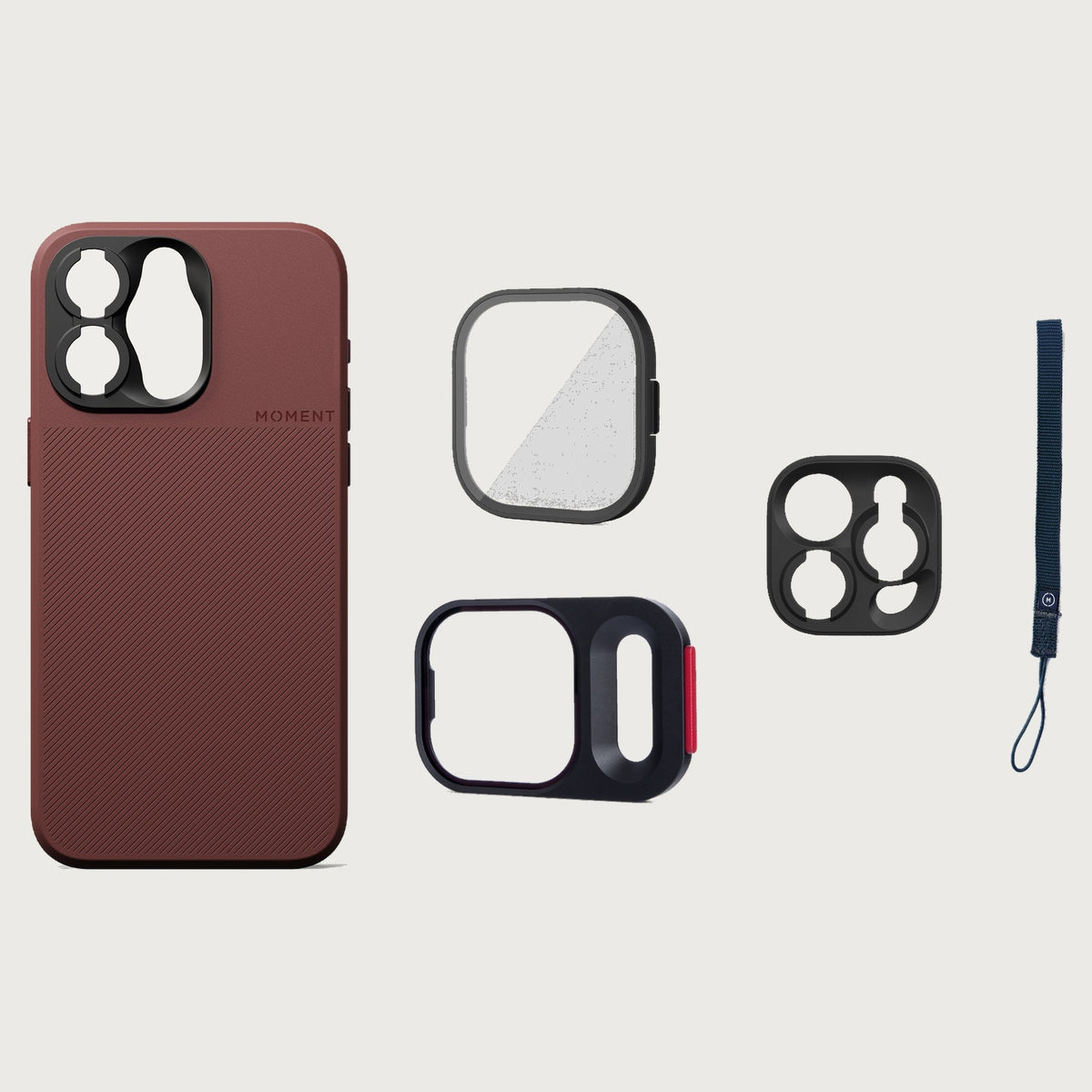 iPhone 15 Pro Max Case Essentials — Red Clay case — Navy nylon strap