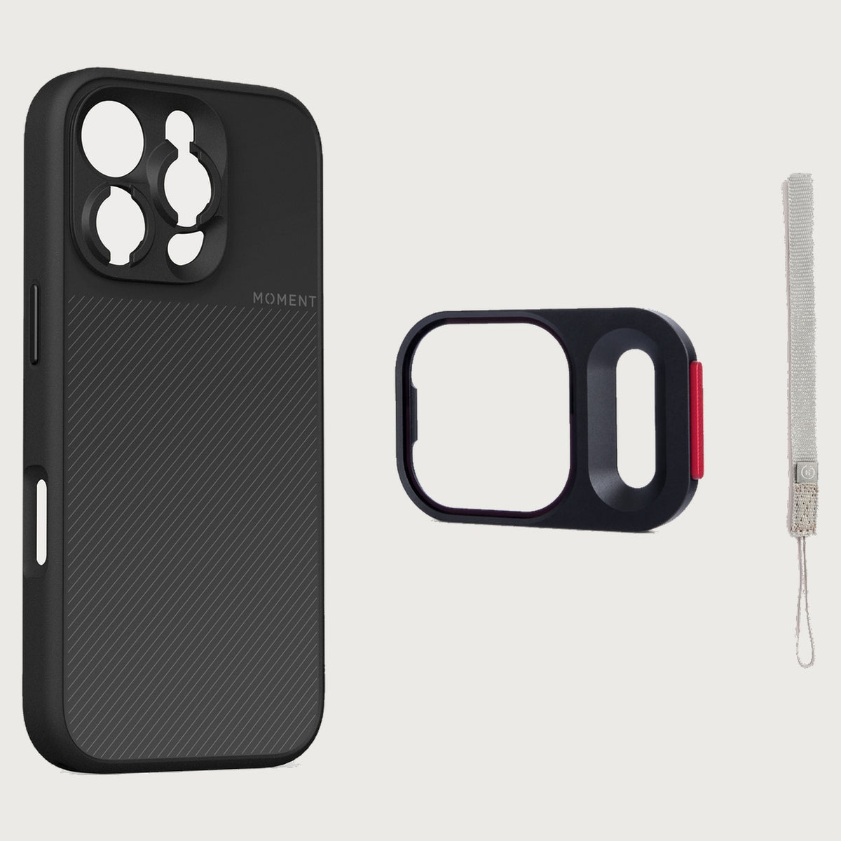 iPhone 16 Pro Case Essentials — Black case — Gray nylon strap