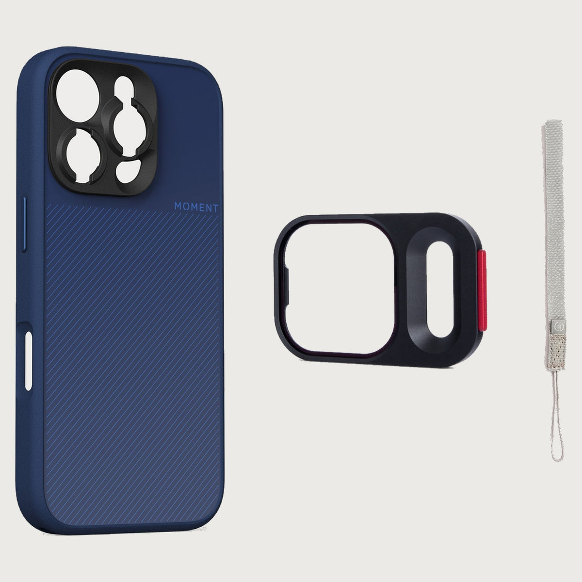 iPhone 16 Pro Case Essentials — Indigo case — Gray nylon strap