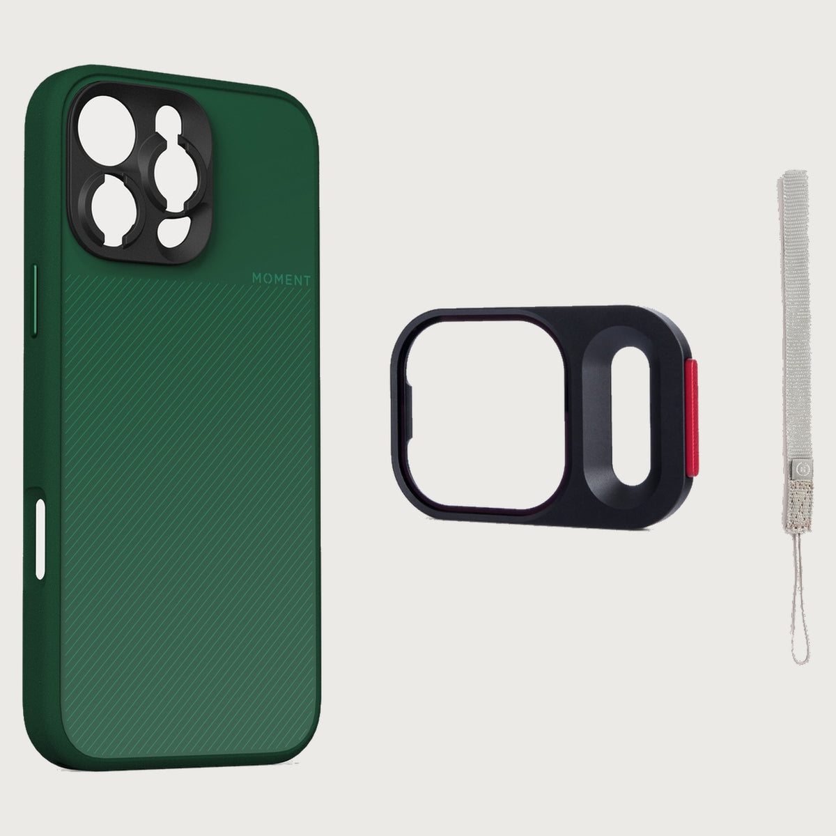 iPhone 16 Pro Case Essentials — Olive case — Gray nylon strap