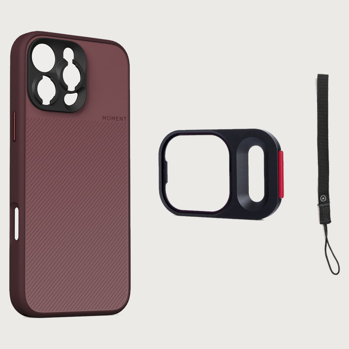 iPhone 16 Pro Case Essentials — Red Clay case — Black nylon strap