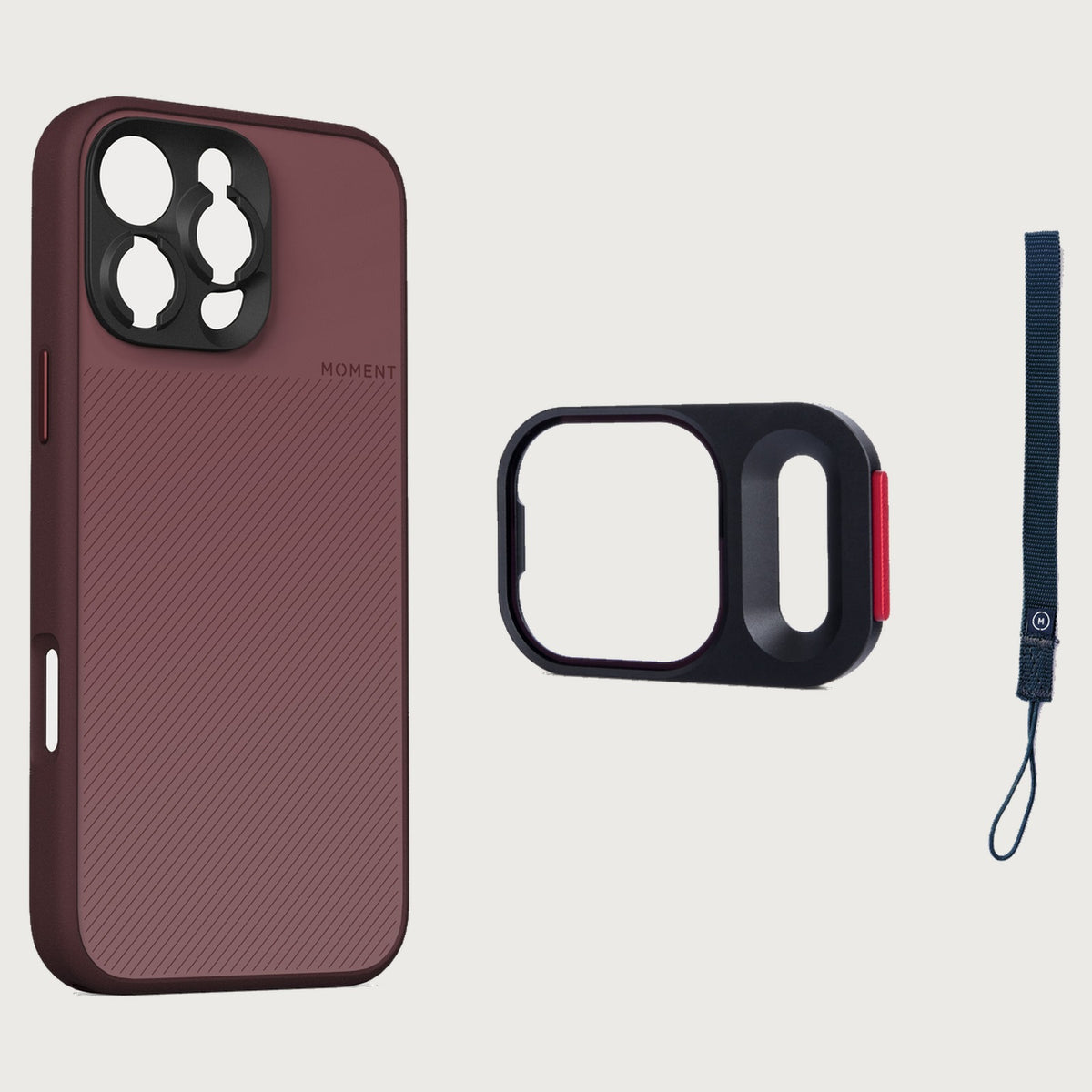 iPhone 16 Pro Case Essentials — Red Clay case — Navy nylon strap
