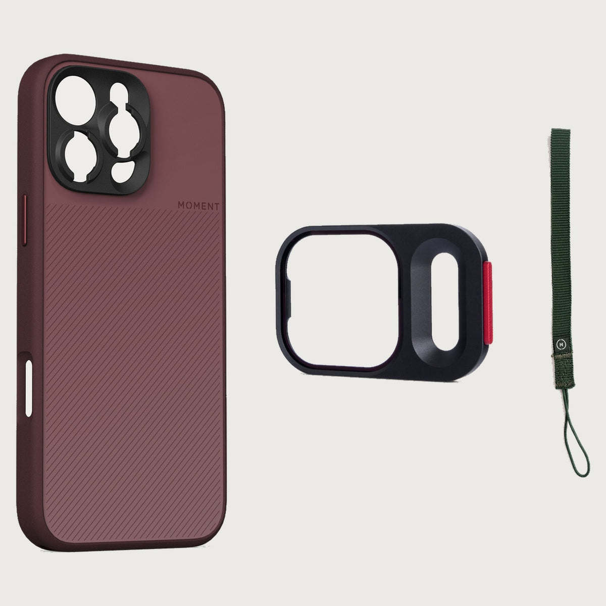 iPhone 16 Pro Case Essentials — Red Clay case — Olive nylon strap