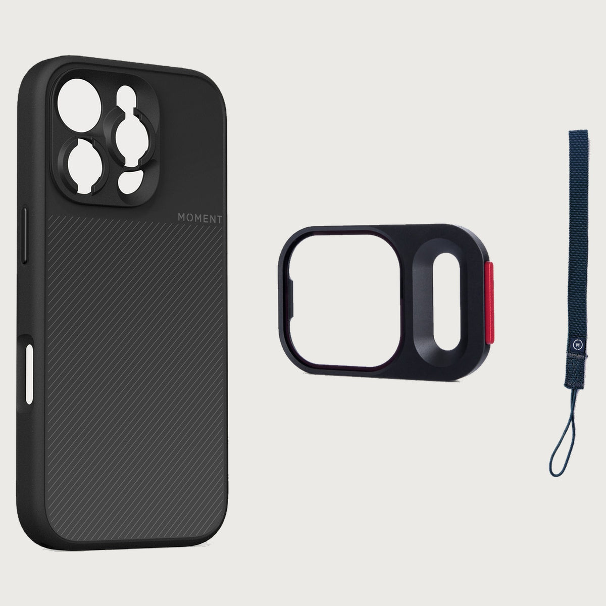 iPhone 16 Pro Max Case Essentials — Black case — Navy nylon strap