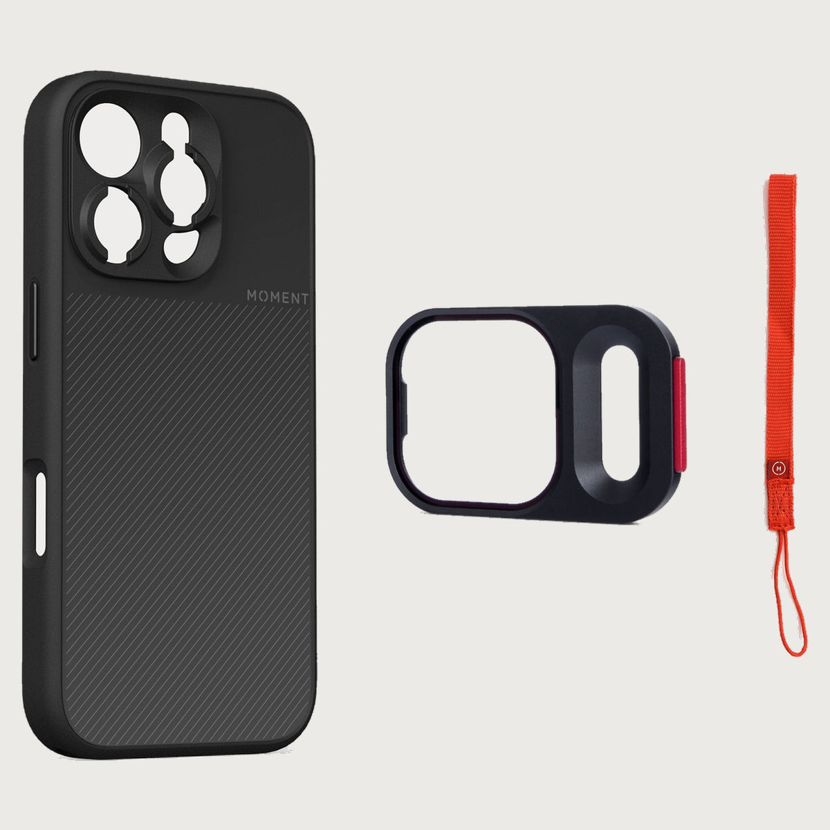 iPhone 16 Pro Max Case Essentials — Black case — Red nylon strap