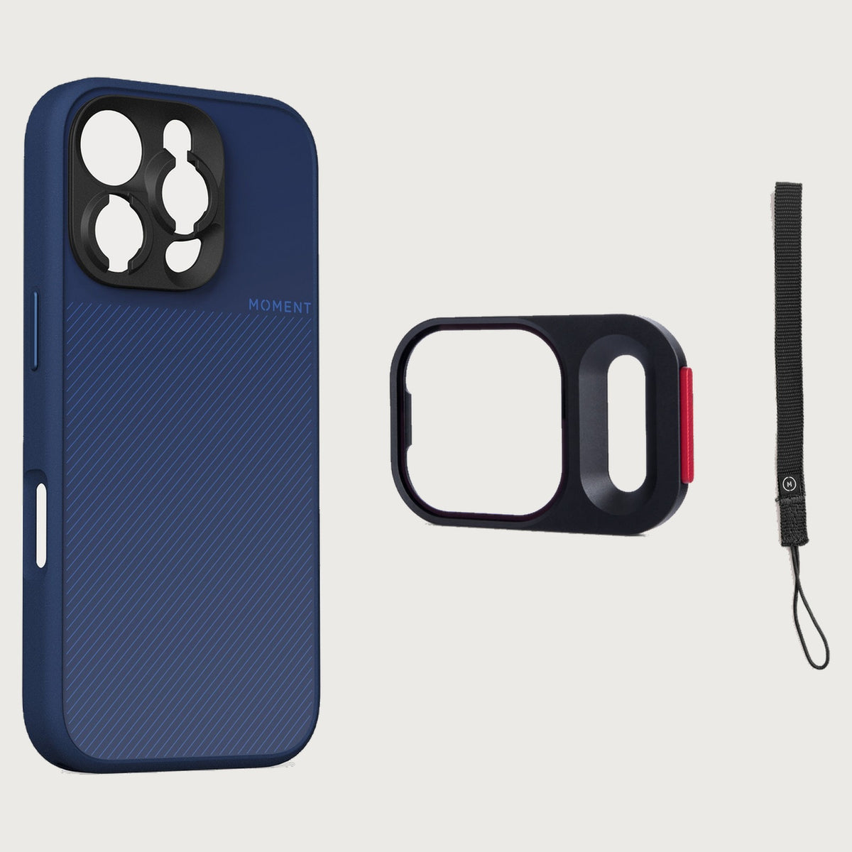 iPhone 16 Pro Max Case Essentials — Indigo case — Black / Dark Brown nylon strap
