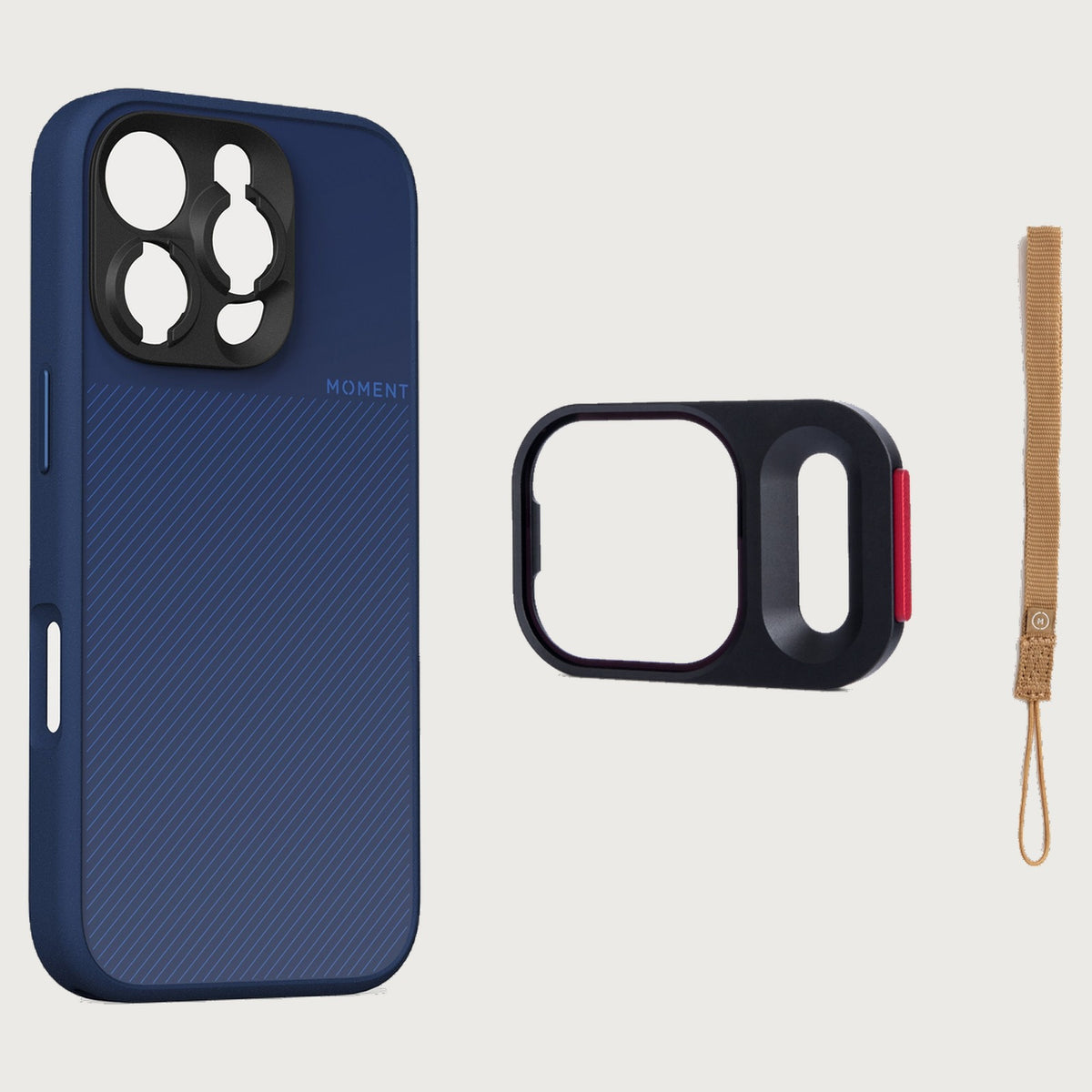 iPhone 16 Pro Max Case Essentials — Indigo case — Desert nylon strap