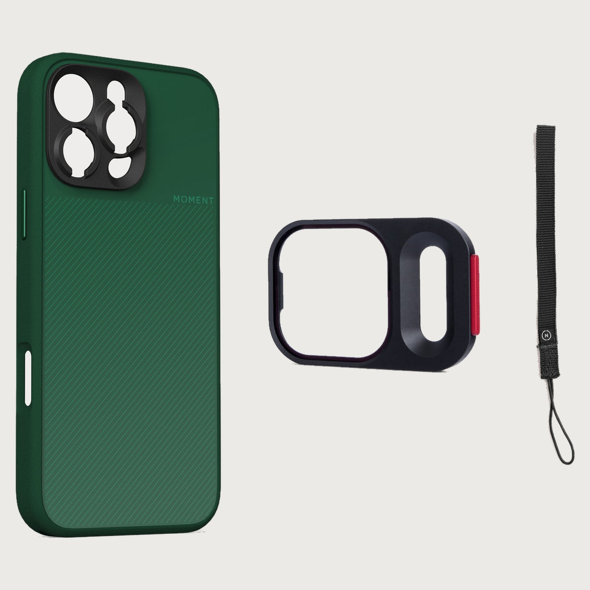 iPhone 16 Pro Max Case Essentials — Olive case — Black nylon strap