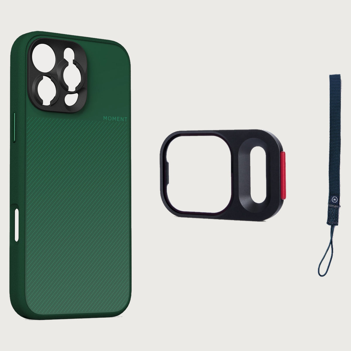 iPhone 16 Pro Max Case Essentials — Olive case — Navy nylon strap
